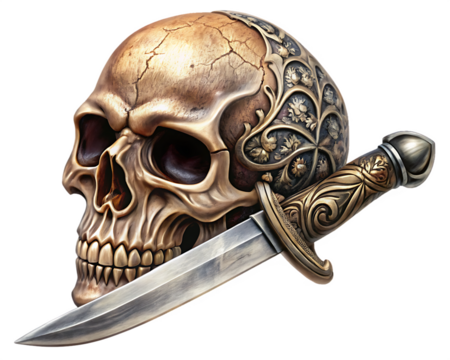 Skull Stabbed with vintage knife isolated on white background as transparent. PNG. AI GENERATED.
