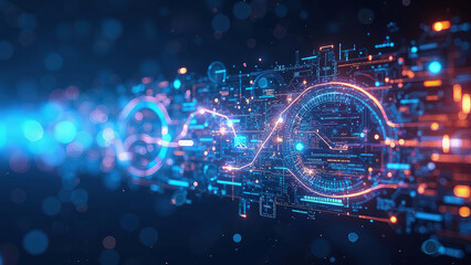 Sleek futuristic digital data stream flowing through a neon-lit grid, representing advanced network capabilities, technological processes, and data storage systems