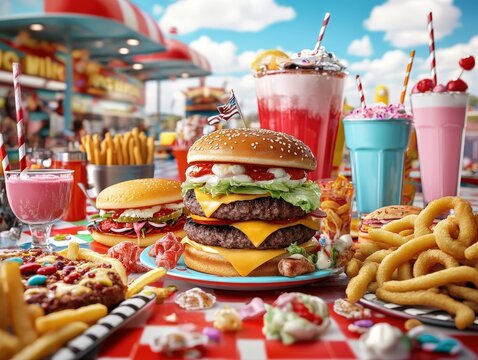 An iconic scene of a retro diner outdoor setup with burgers, shakes, fries, and vibrant decor, filled with charm, taste, and a slice of nostalgia.