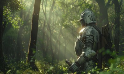 Fototapeta premium Knight in shining armor standing in a medieval forest, 4K hyperrealistic photo