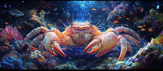 A large, colorful crab with large claws is perched in a coral reef. The crab's shell is adorned with bright spots.