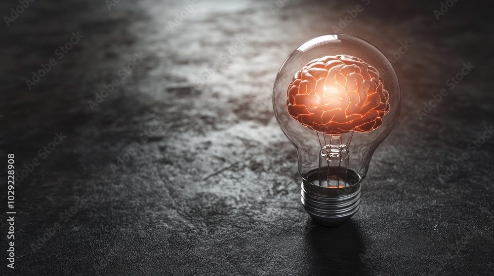 Poster a human brain inside a glowing light bulb on a dark background