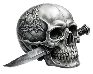 Skull Stabbed with vintage knife isolated on white background as transparent. PNG. AI GENERATED.