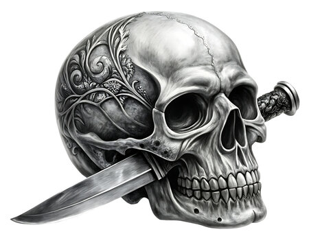 Skull Stabbed with vintage knife isolated on white background as transparent. PNG. AI GENERATED.