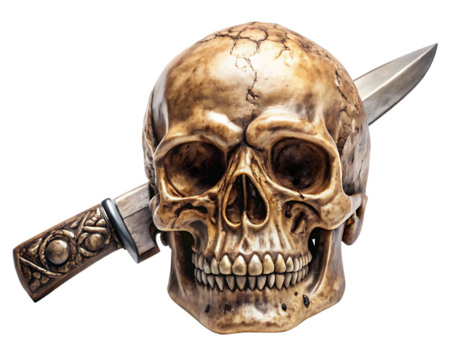 Skull Stabbed with vintage knife isolated on white background as transparent. PNG. AI GENERATED.