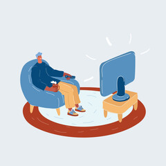 Cartoon vector illustration of The man in an armchair watches TV on white background.