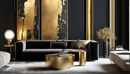 Luxury black and gold living room with modern decor and sleek furniture