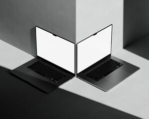 Two laptop mockup next to wall concrete with shadow overlay