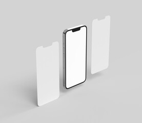 Two smartphone screen and silver smartphone mockup