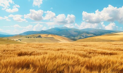 Fototapeta premium Rolling hills carpeted with golden wheat fields under a blue sky, 4K hyperrealistic photo
