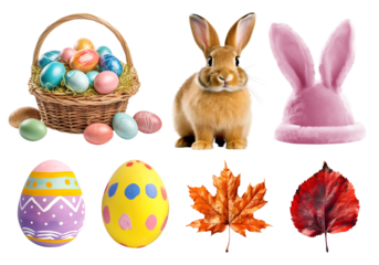 Collection set of Easter basket of colourful hand painted decorated eggs, brown rabbit, bunny ears, maple leaf on transparent cutout PNG file. Mockup template for design