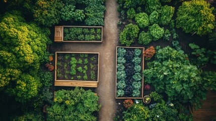 Aerial view of a lush garden with raised beds, featuring various leafy plants and vegetables.