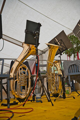 close up of brass instruments during a break at the band's concert
