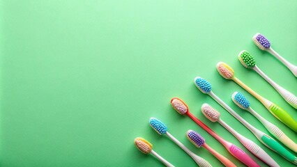 Obraz premium Flat lay composition with colorful toothbrushes on light green background