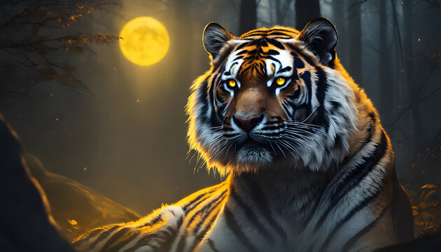 A tiger in a tattered white ghost robe with glowing yellow eyes sits on a large rock in a misty forest. The moonlight illuminates its sharp fangs.