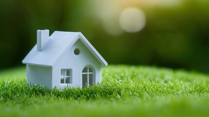 A small white house model sits on lush green grass, symbolizing eco-friendly living, AI