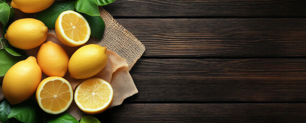 wooden background with lemons and green leaves around the edges,