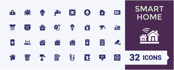 Smart Home solid Icon Set. Including automation, security, lighting, thermostat, and connectivity. Filled vector icons collection. Editable and pixel perfect.