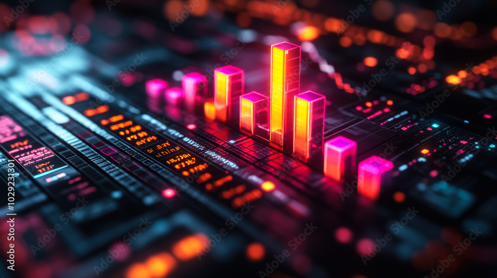 Poster colorful digital data visualization displaying vibrant bar graphs and intricate graph lines on a tec