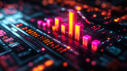 Colorful digital data visualization displaying vibrant bar graphs and intricate graph lines on a tech-inspired background