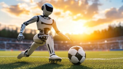 Fototapeta premium A Futuristic Robot Plays Soccer in a Stadium