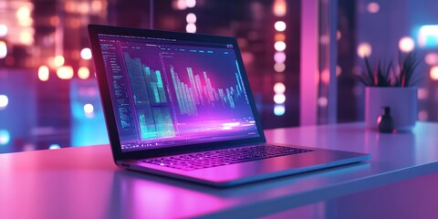 Laptop displaying a financial graph in a modern office with neon lights.