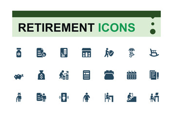 Retirement Assets solid icons set. Related to Savings, Time Management, Accounting, Property, Insurance and more. Editable filled icons collection. pixel perfect. Vector illustration.