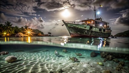 Obraz premium Sunken Ship in Tropical Lagoon - Night Photography for Stunning Underwater Exploration