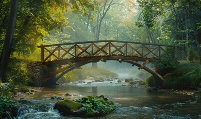 Rustic wooden bridge over a tranquil river in a forest, 4K hyperrealistic photo