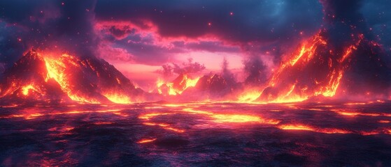 Low-poly volcanic terrain, angular lava formations, vibrant colors, dynamic shapes, immersive digital environment
