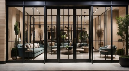 A stylish storefront featuring large, multi-paned glass doors framed in dark metal,