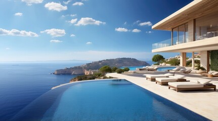 Fototapeta premium A stunning infinity pool overlooks a serene blue ocean,
