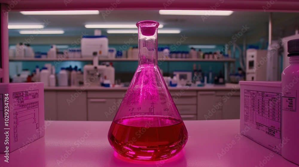 Aufkleber pink liquid in a glass erlenmeyer flask on a lab counter