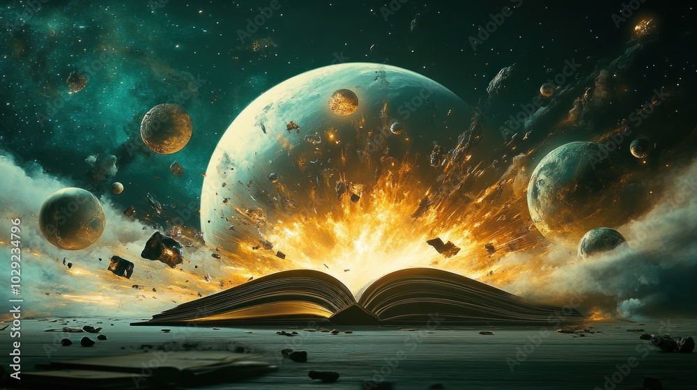 Poster an open book revealing a cosmic explosion with planets and stars