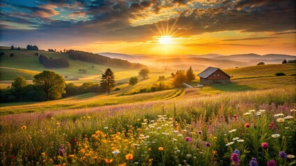 Captivating Summer Sunrise Over Tranquil Rural Landscape for Stock Photography