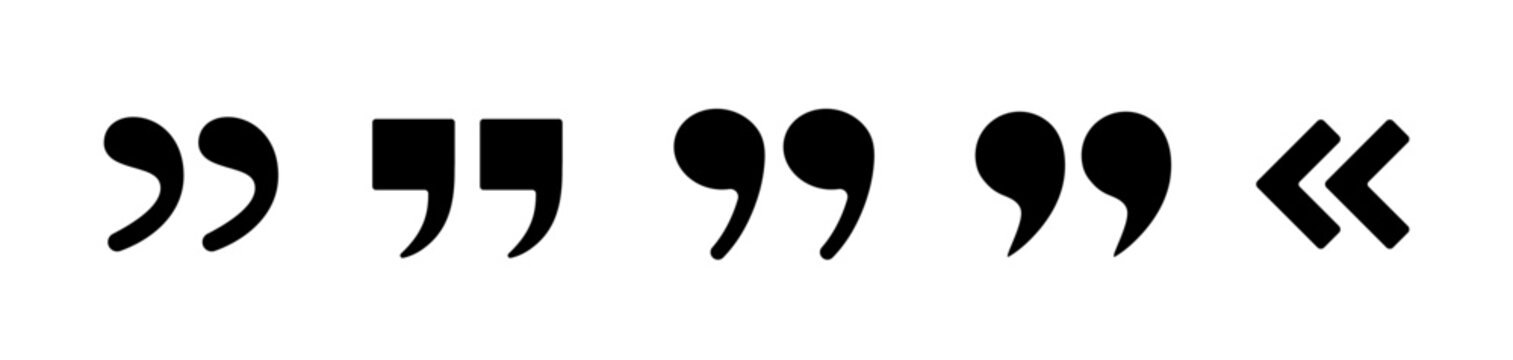 Black quote symbols for text. Minimalistic bold comma icon. Typography elements.