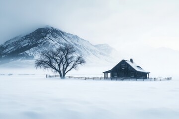 A wooden cabin stands alone in a snowy field with a lone tree in the foreground.