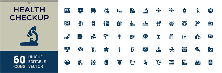 Health checkup solid icons set. Related to Health care, Temperature Check, Symptoms and more filled icon collection. Editable and Pixel perfect flat icon pack. Vector illustration.