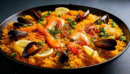 Luxurious seafood paella in a large pan, filled with saffron rice, mussels, shrimp, squid