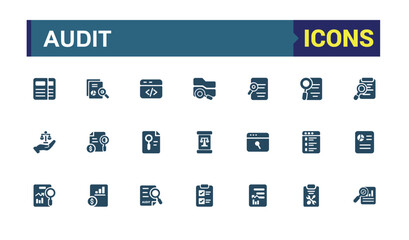 Audit solid icons set. Related to Accounting icons collection. Check and survey symbol pack. Editable and pixel perfect. Vector illustration.