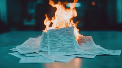 Burning Financial Documents on a Table