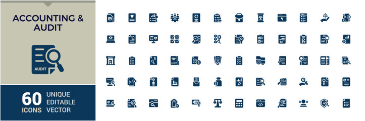 Set of solid icons for Accounting and audit. Containing financial statement, accountant, financial audit, invoice and more. Editable Filled icon collection. Pixel perfect.