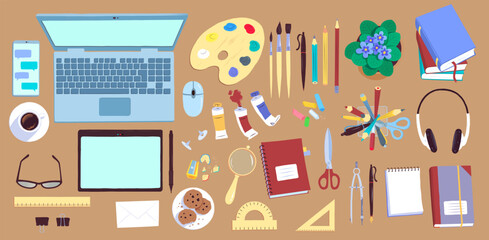 Top view flat lay vector illustration of artists workplace with laptop