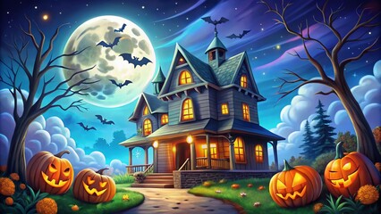 Fototapeta premium Cartoon Halloween Elements: Spooky Old House with Ghosts and Spiders for Creative Designs