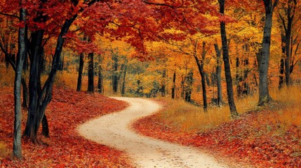 Naklejka premium Autumn path through forest with vibrant foliage stunning fall colors landscape photography