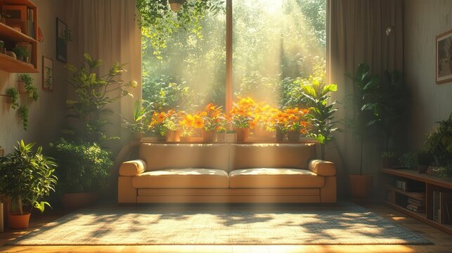 bright sunlight streams into a cozy living room where a relaxing airconditioned atmosphere contrasts with the scorching summer heat outside a comfortable sofa and cooling decor invite serenity