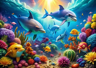 Cartoon Marine Animals in Tilt-Shift Photography Style for Vibrant Underwater Scenes