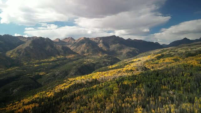 Aerial over fall colors in San Juan Mountains in southern Colorado near Durango