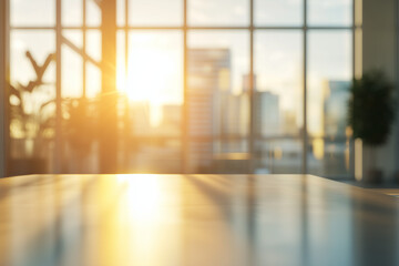 Fototapeta premium Blurred background of a modern office interior with panoramic windows and a desk in the foreground. Copy space. High-quality, high-resolution photo,.