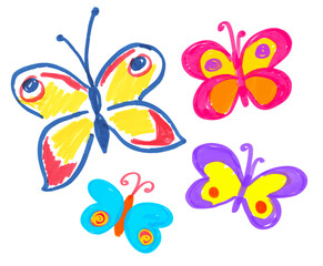 Felt pen hand drawn vector illustrations collection of child drawings of butterflies